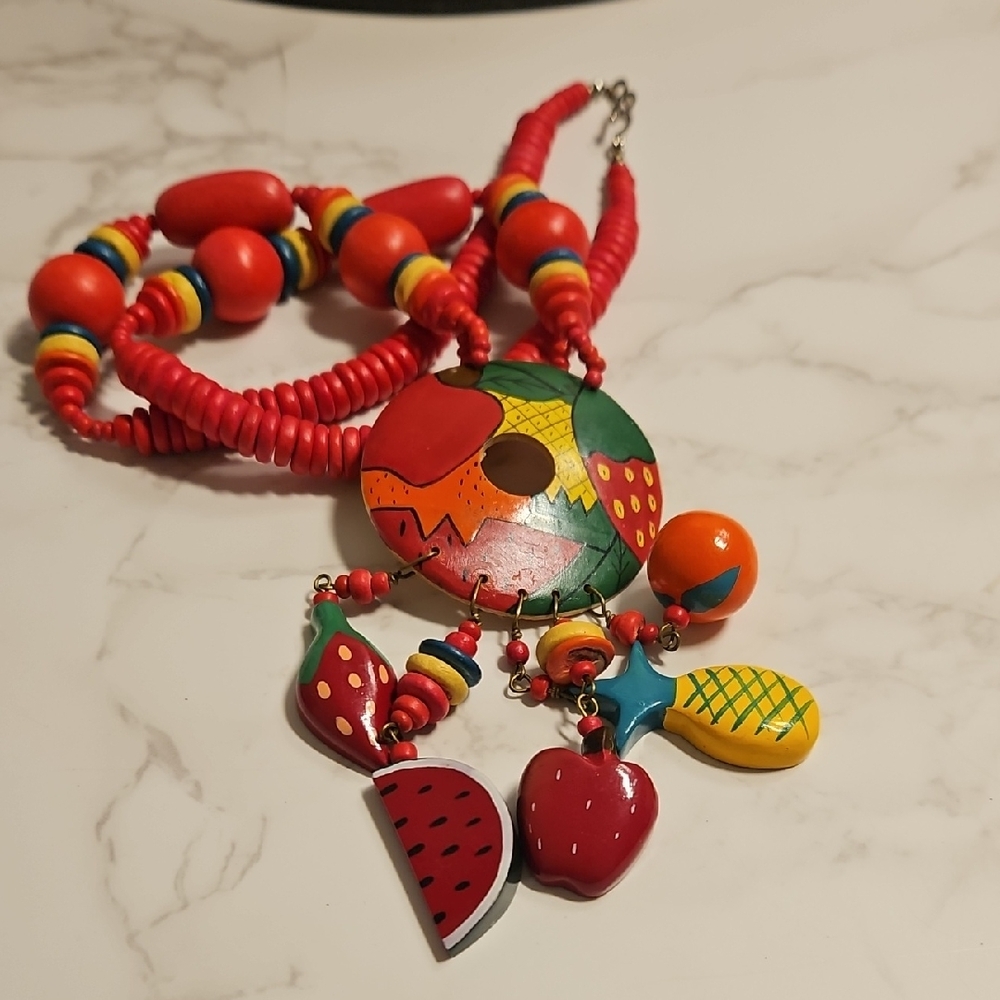 Vintage Boho Wooden Fruit Necklace 30"